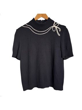 St John Collection Santana Knit Pointelle Sweater Size 8 Black Bow Short Sleeve